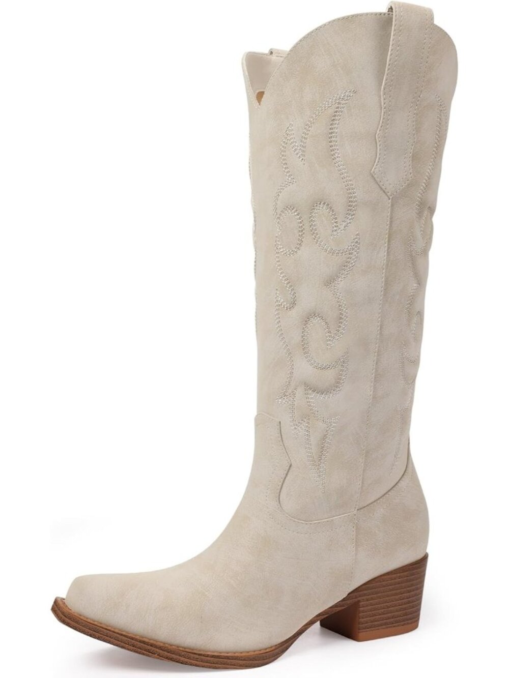 Women's Cream Knee High Cowboy Boots 3D Padded Pointed Toe Western Cowgirl Boots